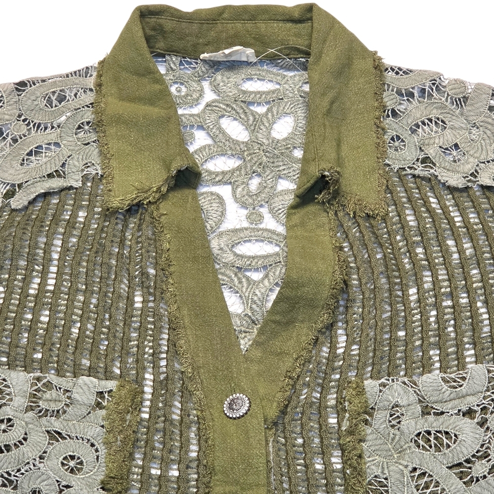 POL Button Down Crochet Patchwork Knit Vest Green… - image 5